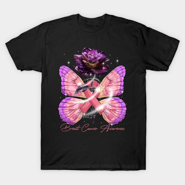 Butterfly Rose Breast Cancer Ribbon Awareness T-Shirt by DeforestSusanArt